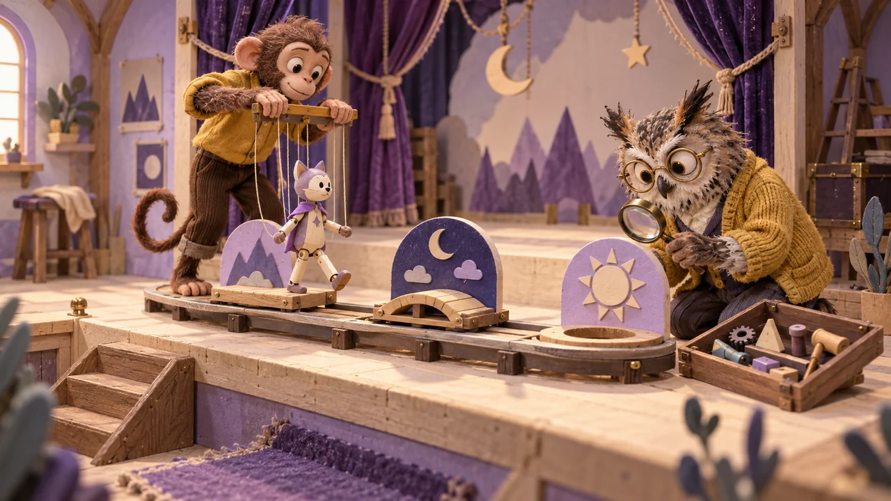 A monkey guides a wooden puppet between three stage stations while a scruffy owl inspects the route and a tray of tools.