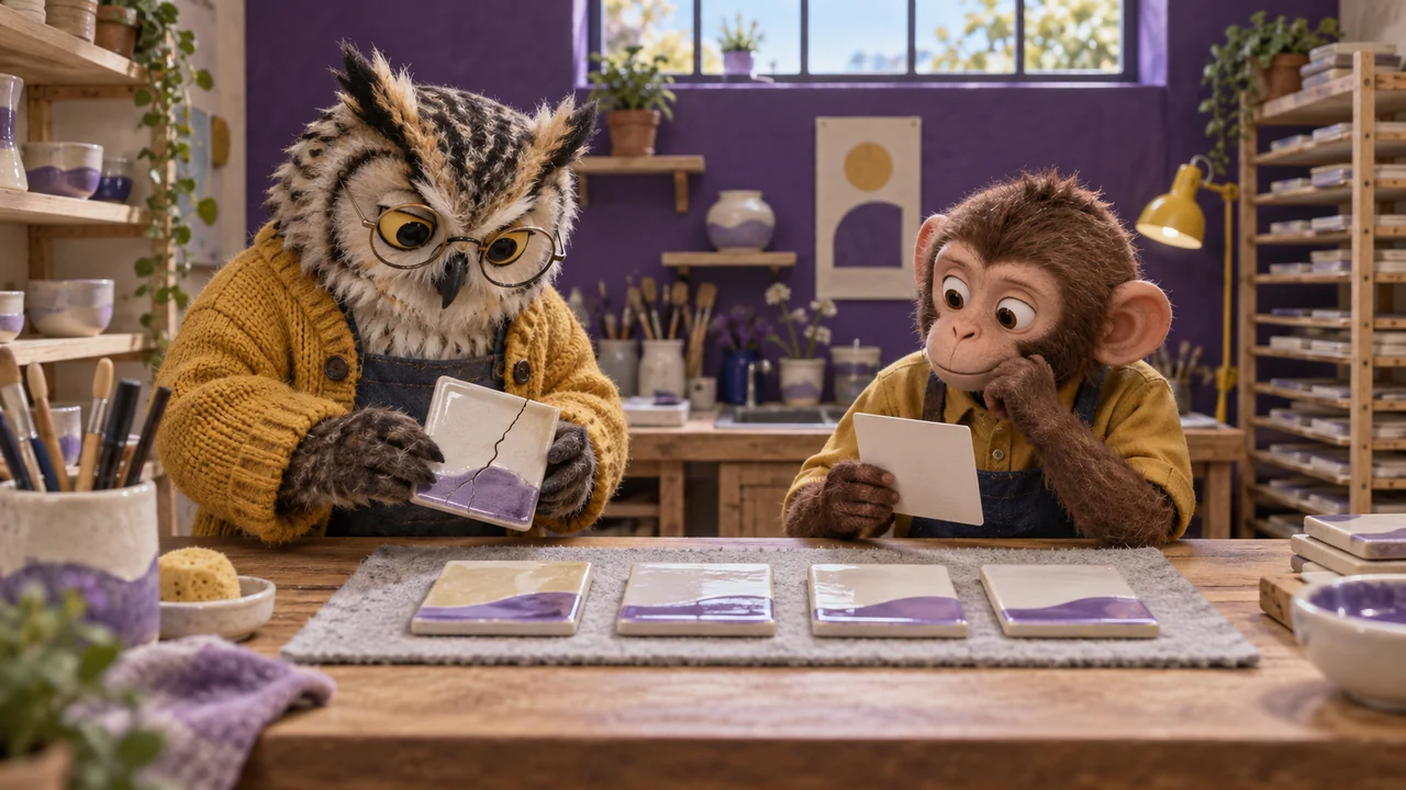 An owl examines a cracked ceramic tile while a monkey compares it with intact tiles in a violet pottery studio.
