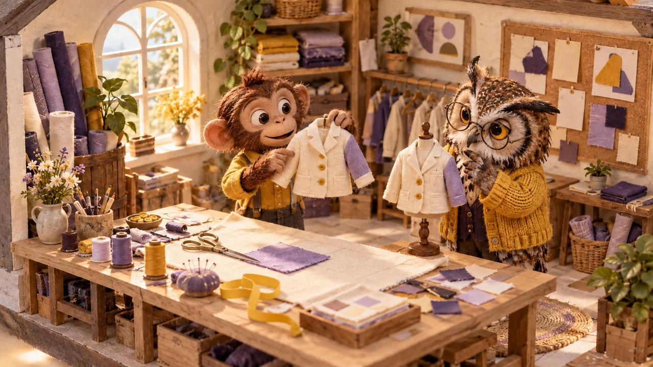 A monkey holds a cream jacket with one violet sleeve while an owl compares it with a reference jacket in a sunny textile atelier.