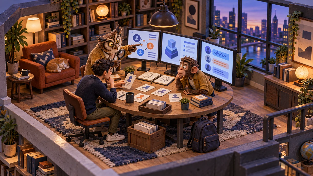 A reader and an owl compare abstract account profiles around a miniature reading-room desk.