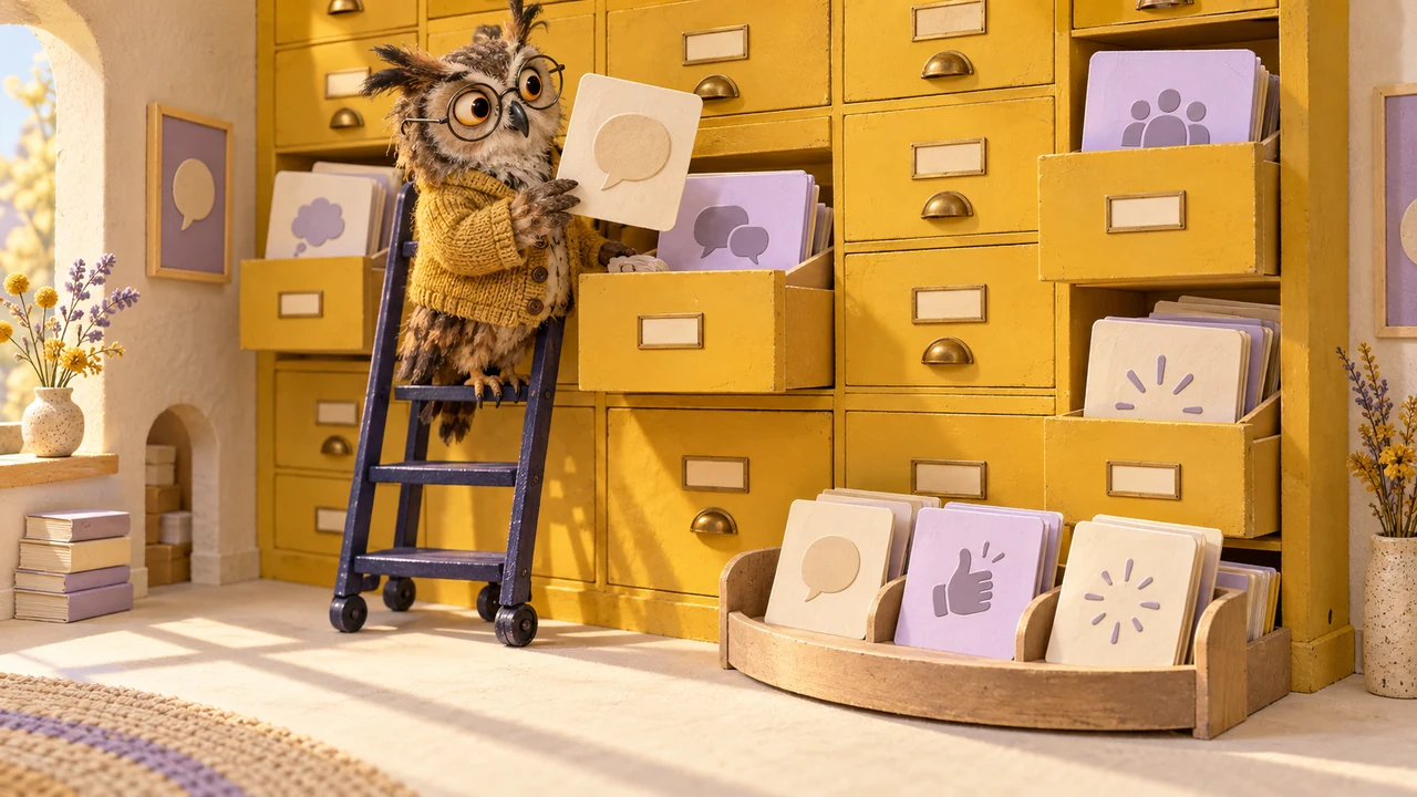 A scruffy owl sorts speech-symbol cards in a sunlit mustard-yellow conversation archive.