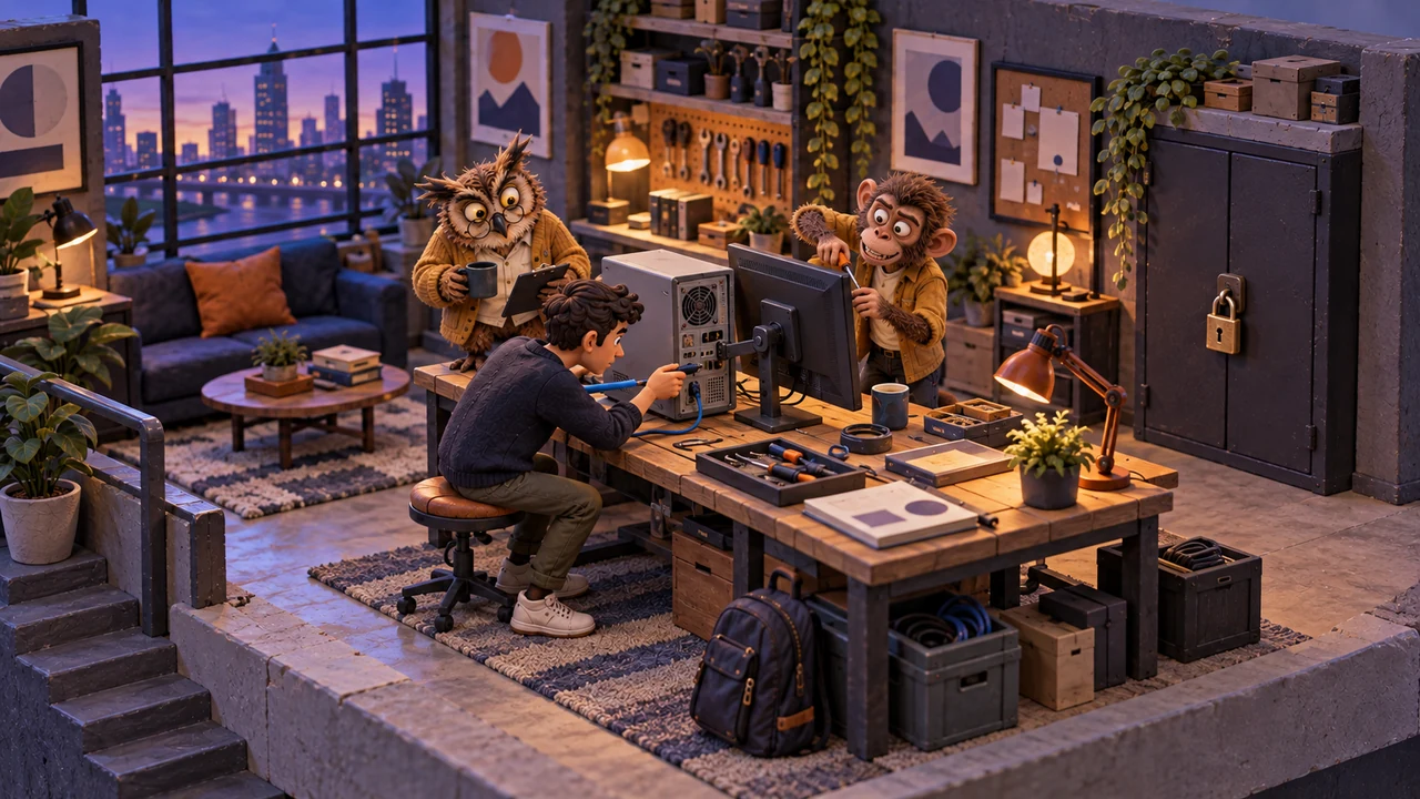 A reader and a monkey repair a shared workstation while a separate cabinet remains locked.