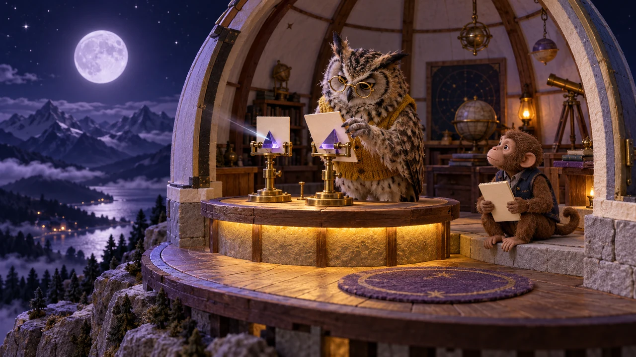 An owl checks two prism setups while a monkey records the comparison in a moonlit miniature observatory.