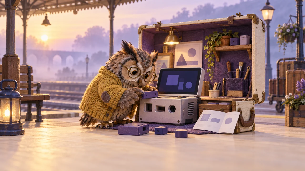A scruffy owl fits a violet module into a small computer inside an open travel trunk on a dawn-lit station platform.