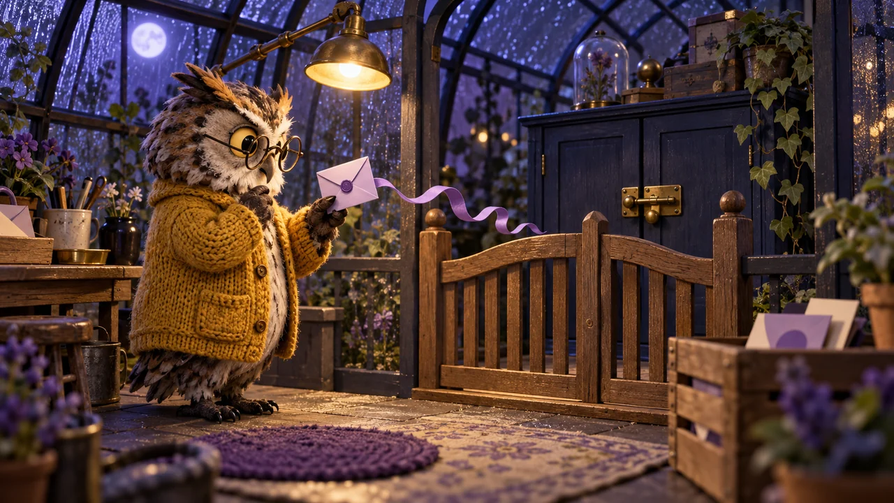 An owl inspects an envelope and its trailing ribbon before a wooden gate and a latched cabinet in a rainy indigo greenhouse.