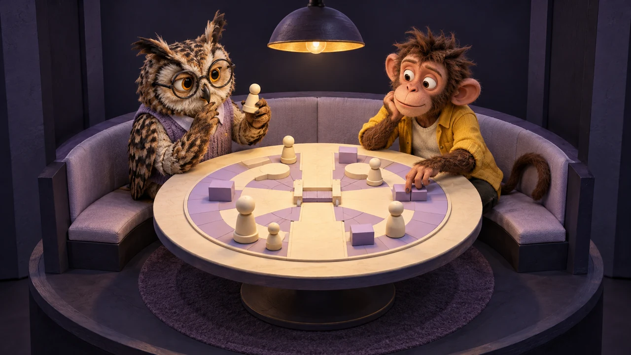 An owl and monkey consider different moves around a narrow passage on a round board in an indigo game club.