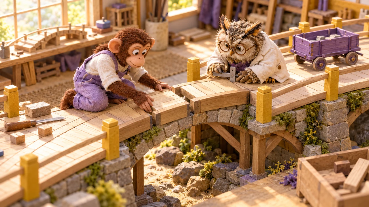 A monkey fits one wooden bridge segment while an owl checks the joint in a sunlit miniature workshop.