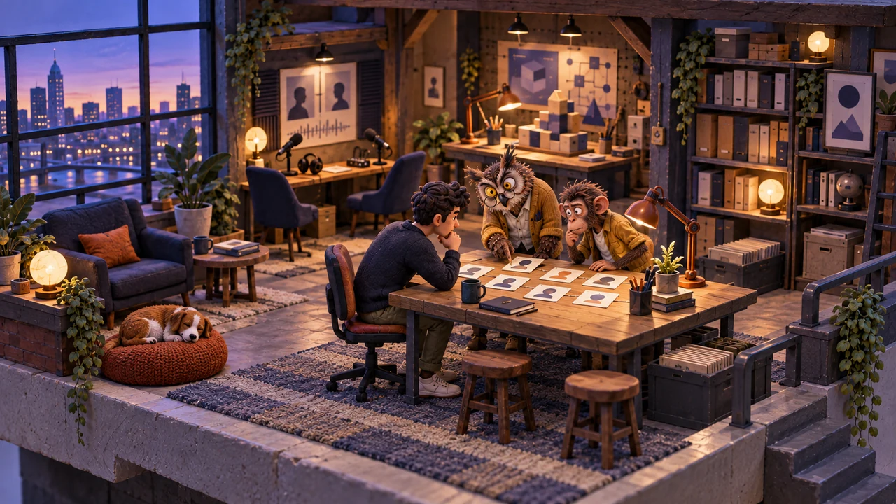 A reader and an owl explore linked source cards in a warmly lit miniature studio.