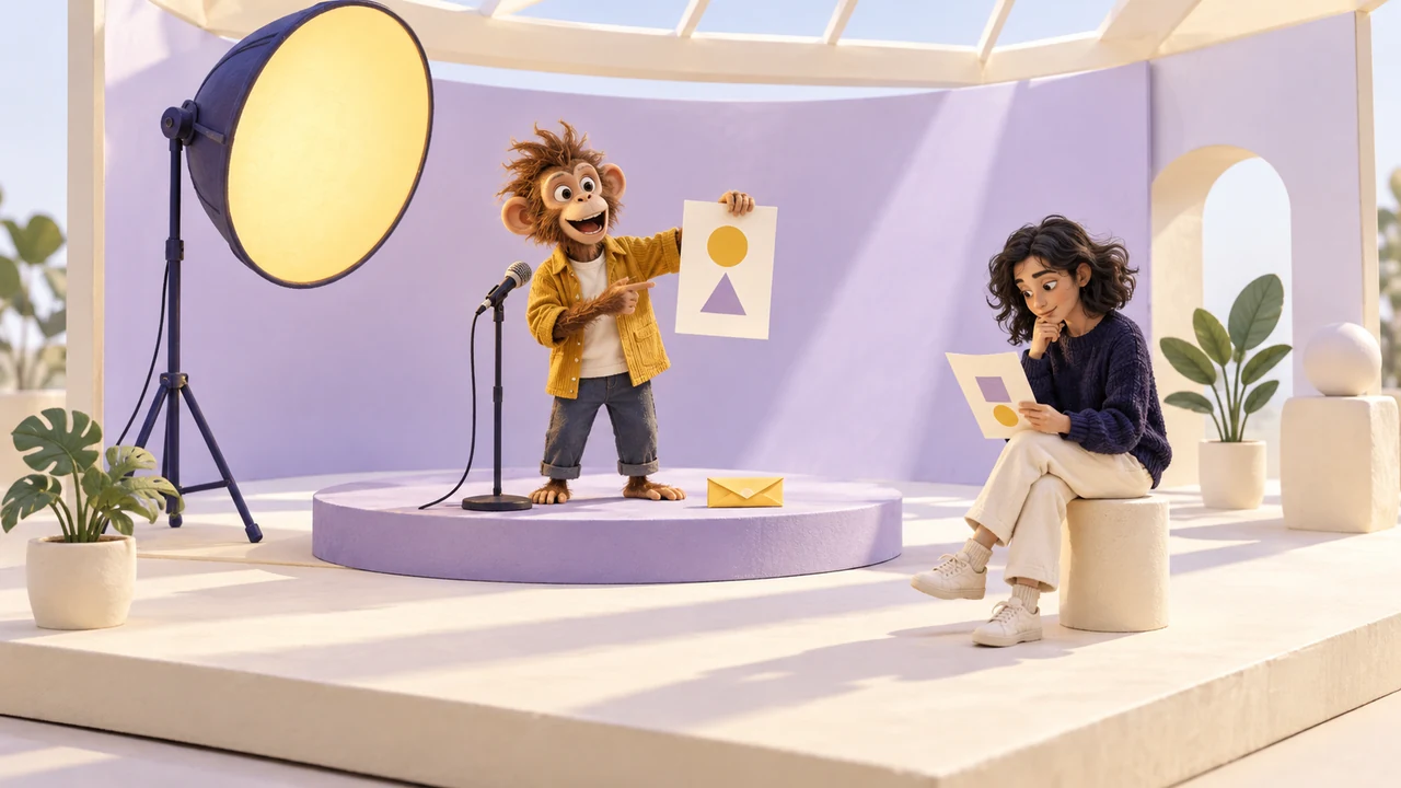 A monkey presents a post under a yellow studio light while a reader examines its source; a sealed envelope suggests a commercial relationship.