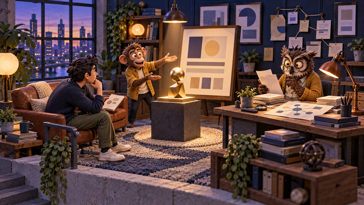 A monkey promotes a shiny exhibit while a reader and an owl examine supporting documents.