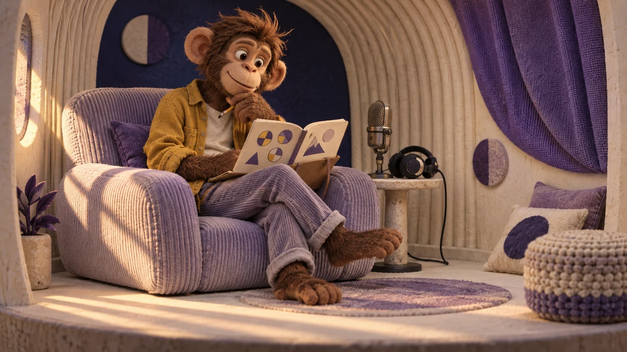 A monkey revisits a sketch journal in a lavender listening booth beside a microphone and headphones.
