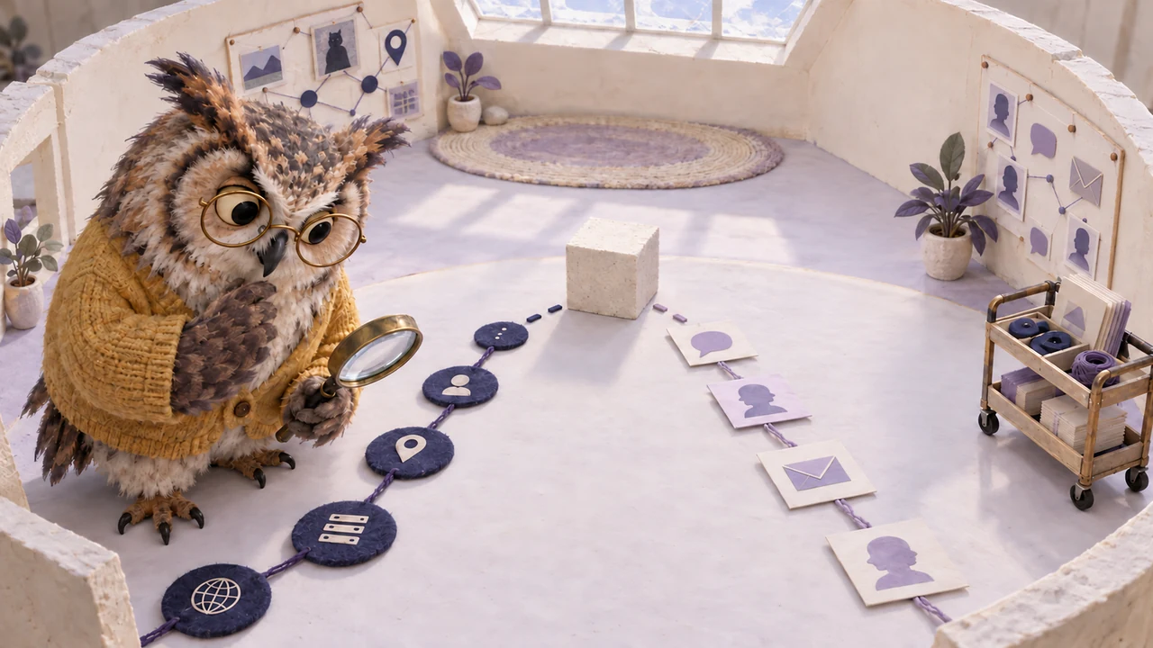 A scruffy owl with a magnifier compares two wordless evidence paths approaching a shared cube in a bright lavender workshop.