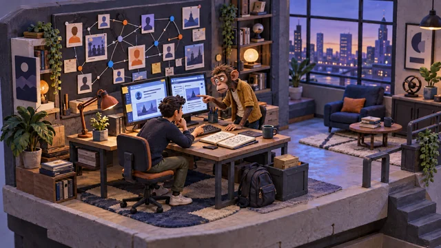 An awkward monkey and a human investigate a post in their miniature research room.