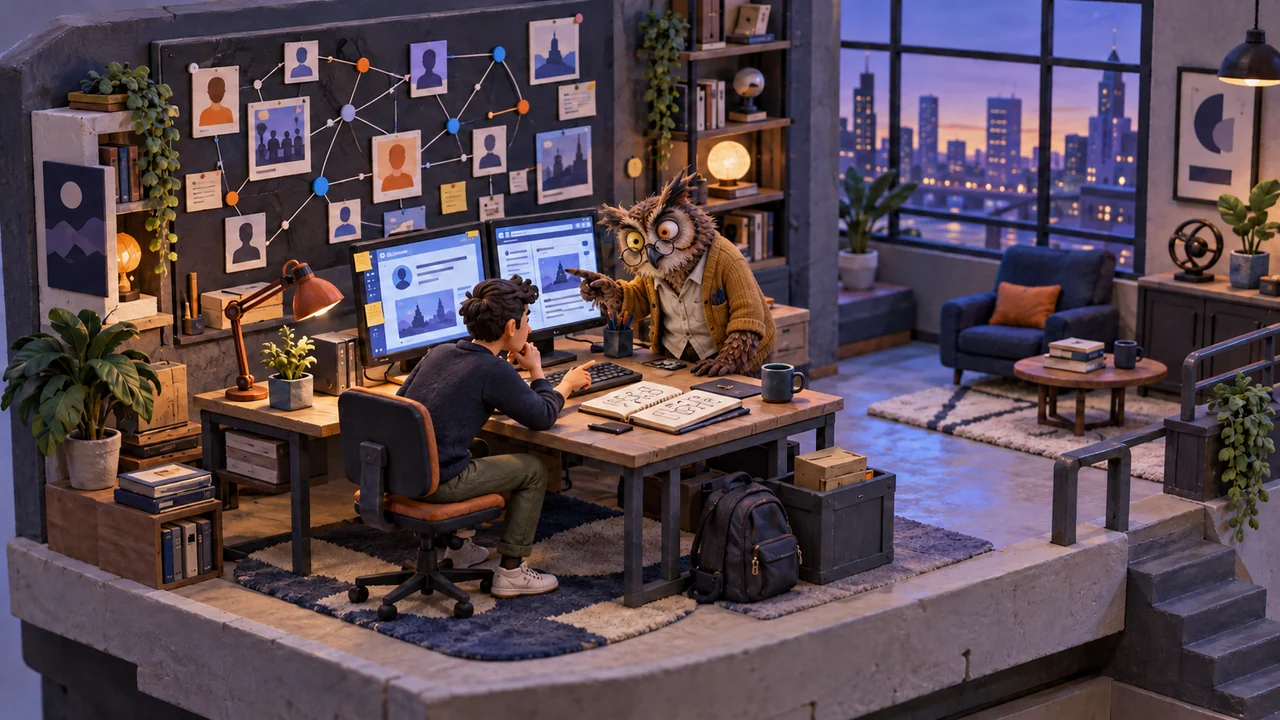A human researcher and a scruffy owl compare sources in a warmly lit miniature office.